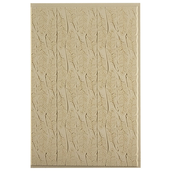 Mega Texture Tile - Tribal Feather Fineline. Use to impress texture in soft clays. Mega Texture Tiles are perfect for projects both large and small. Mega Tiles measure 9-1/4" x 6" and are about 7 times larger than Texture Tiles. These textures are flexible, washable and can be used with any soft clay.