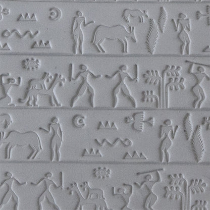 sample in clay Mega Texture Tile - Ancient Hunt Use to impress texture in soft clays. Mega Texture Tiles are perfect for projects both large and small. Mega Tiles measure 9-1/4" x 6" and are about 7 times larger than Texture Tiles. These textures are flexible, washable and can be used with any soft clay