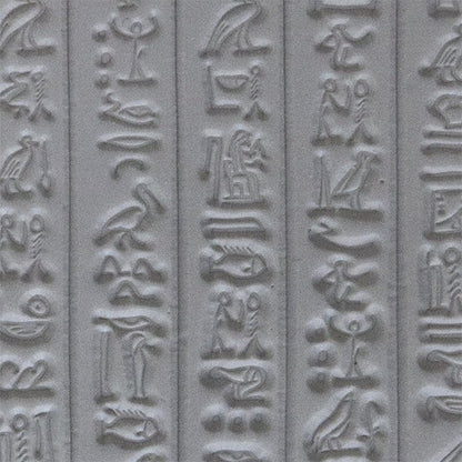 sample in clay of Mega Texture Tile - Hieroglyphics. Use to impress texture in soft clays. Mega Texture Tiles are perfect for projects both large and small. Mega Tiles measure 9-1/4" x 6" and are about 7 times larger than Texture Tiles. These textures are flexible, washable and can be used with any soft clay.