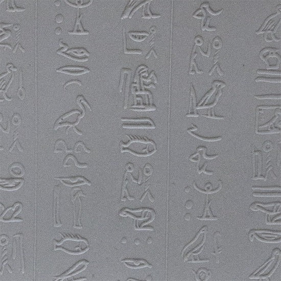 sample in clay of Mega Texture Tile - Hieroglyphics Fineline. Use to impress texture in soft clays. Mega Texture Tiles are perfect for projects both large and small. Mega Tiles measure 9-1/4" x 6" and are about 7 times larger than Texture Tiles. These textures are flexible, washable and can be used with any soft clay.