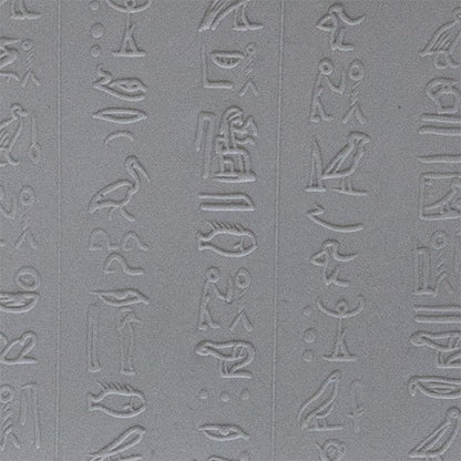sample in clay of Mega Texture Tile - Hieroglyphics Fineline. Use to impress texture in soft clays. Mega Texture Tiles are perfect for projects both large and small. Mega Tiles measure 9-1/4" x 6" and are about 7 times larger than Texture Tiles. These textures are flexible, washable and can be used with any soft clay.