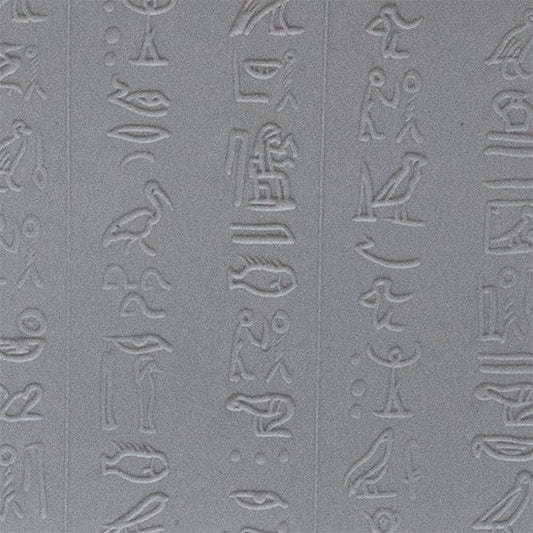 sample in clay of Mega Texture Tile - Hieroglyphics Fineline. Use to impress texture in soft clays. Mega Texture Tiles are perfect for projects both large and small. Mega Tiles measure 9-1/4" x 6" and are about 7 times larger than Texture Tiles. These textures are flexible, washable and can be used with any soft clay.