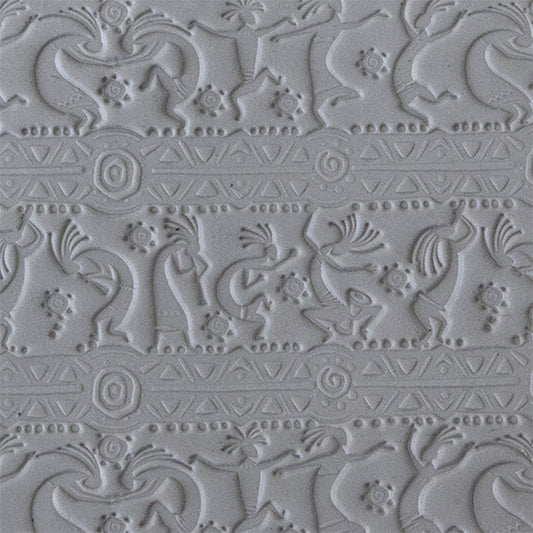 sample in clay of Mega Texture Tile - Dancing Spirits. Use to impress texture in soft clays. Mega Texture Tiles are perfect for projects both large and small. Mega Tiles measure 9-1/4" x 6" and are about 7 times larger than Texture Tiles. These textures are flexible, washable and can be used with any soft clay.