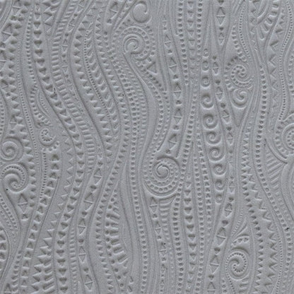 sample in clay of Mega Texture Tile - Tribal Vines. Use to impress texture in soft clays. Mega Texture Tiles are perfect for projects both large and small. Mega Tiles measure 9-1/4" x 6" and are about 7 times larger than Texture Tiles. These textures are flexible, washable and can be used with any soft clay.