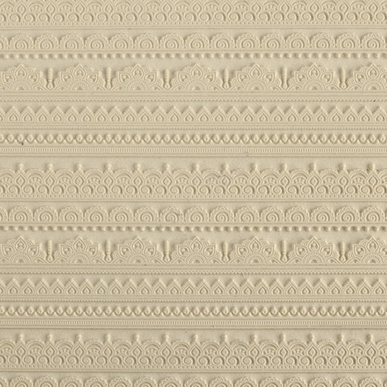 Mega Texture Tile - Mehndi Borders. Use to impress texture in soft clays. Mega Texture Tiles are perfect for projects both large and small. Mega Tiles measure 9-1/4" x 6" and are about 7 times larger than Texture Tiles. These textures are flexible, washable and can be used with any soft clay.