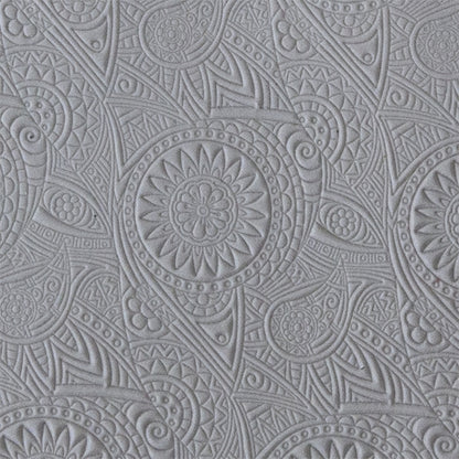 sample in clay of Mega Texture Tile - Floral Medallions. Use to impress texture in soft clays. Mega Texture Tiles are perfect for projects both large and small. Mega Tiles measure 9-1/4" x 6" and are about 7 times larger than Texture Tiles. These textures are flexible, washable and can be used with any soft clay.