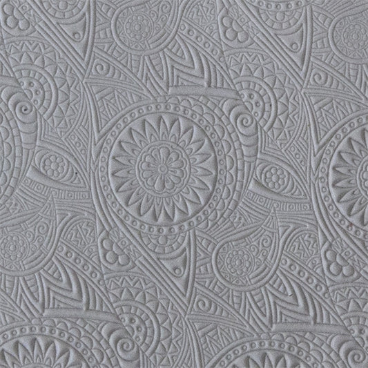 sample in clay of Mega Texture Tile - Floral Medallions. Use to impress texture in soft clays. Mega Texture Tiles are perfect for projects both large and small. Mega Tiles measure 9-1/4" x 6" and are about 7 times larger than Texture Tiles. These textures are flexible, washable and can be used with any soft clay.