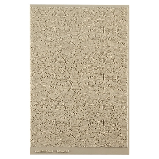 Mega Texture Tile - Bon Voyage. Use to impress texture in soft clays. Mega Texture Tiles are perfect for projects both large and small. Mega Tiles measure 9-1/4" x 6" and are about 7 times larger than Texture Tiles. These textures are flexible, washable and can be used with any soft clay.