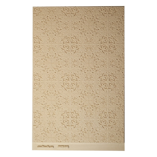 Mega Texture Tile - Woodcut Floral Embossed. Use to impress texture in soft clays. Mega Texture Tiles are perfect for projects both large and small. Mega Tiles measure 9-1/4" x 6" and are about 7 times larger than Texture Tiles. These textures are flexible, washable and can be used with any soft clay.