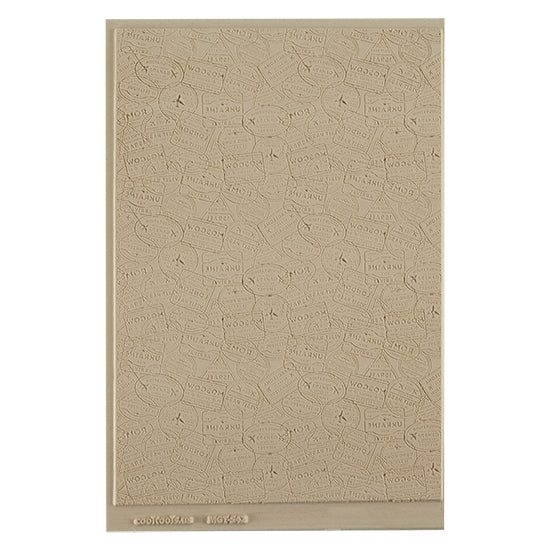 Mega Texture Tile - Bon Voyage Embossed. Use to impress texture in soft clays. Mega Texture Tiles are perfect for projects both large and small. Mega Tiles measure 9-1/4" x 6" and are about 7 times larger than Texture Tiles. These textures are flexible, washable and can be used with any soft clay.