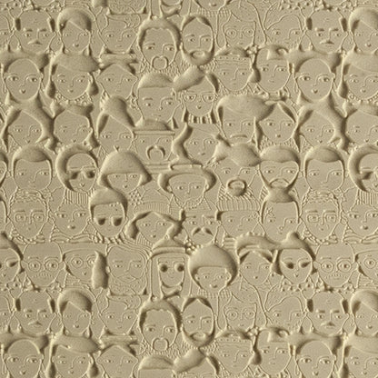 Mega Texture Tile - A Face in the Crowd Embossed First picture shown in texture in clay.  Use to impress texture in soft clays. Mega Texture Tiles are perfect for projects both large and small. Mega Tiles measure 9-1/4" x 6" and are about 7 times larger than Texture Tiles. These textures are flexible, washable and can be used with any soft clay.