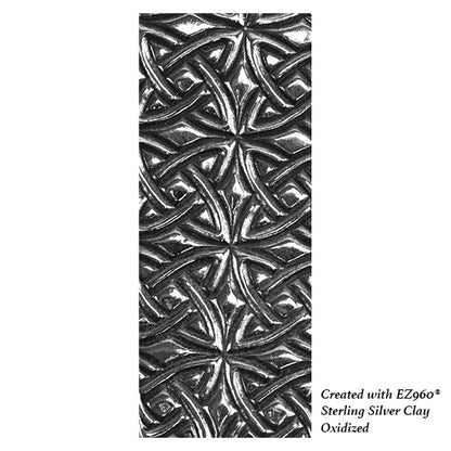 silver sample of Mega Texture Tile - Celtic Over & Under. Use to impress texture in soft clays. Mega Texture Tiles are perfect for projects both large and small. Mega Tiles measure 9-1/4" x 6" and are about 7 times larger than Texture Tiles. These textures are flexible, washable and can be used with any soft clay.