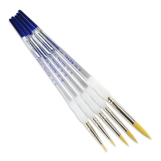 Royal Soft-Grip™ Rounds 5 Piece Brush Set Comfort meets function in this selection of appealing and durable brushes that feature the original no-slip soft rubber grip on its clear acrylic handle. Set of 5 round brushes, sizes #0, 2, 4, 6 and 10.