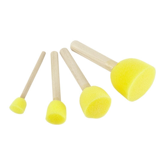 4 Foam Sponge Brush Set Sponge Diameter Sizes: (1-1/2 inches) / (1 inches)/ (3/4 inches) / (1/2 inches). Wood Handle Size: 2-1/2 inches long with yellow sponge tips with wood handles