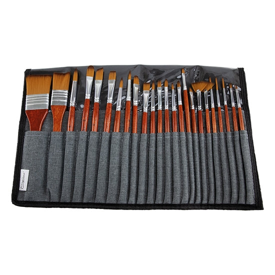 Deluxe 25 piece set of brushes for every need. These brushes have beautiful wood handles and come in a cloth carrying case