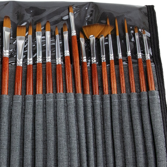 Deluxe 25 piece set of brushes for every need. These brushes have beautiful wood handles and come in a cloth carrying case