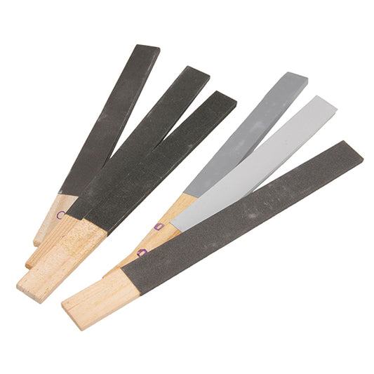 Sanding Stick - Corundum  Corundum sanding papers mounted on wood sticks for a firm surface to sand and pre-polish straight sides and flat surfaces. Works great with leather hard metal clay to refine shapes. Use to refine metal clay greenware, shape, sand and polish all metals.