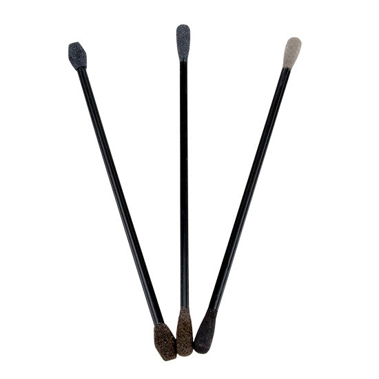  Sandits stick is double ended.  Extra fine teardrop: Black = 400 grit, Grey = 800 grit Medium/fine teardrop: Brown = 120 grit, Grey = 180 grit Medium/fine wedge: Brown = 120 grit, Grey = 180 grit