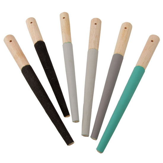 Half Round Sanding Stick Set Use to refine metal clay greenware and finish all metals. Set of 6 half round sanding sticks. These nifty sanding sticks taper from 1/2" to 1/4" to get into ring shanks and inside round forms.  This set includes 1 stick each in grits 6/0, 4/0, 3/0, 2/0, 1, 2