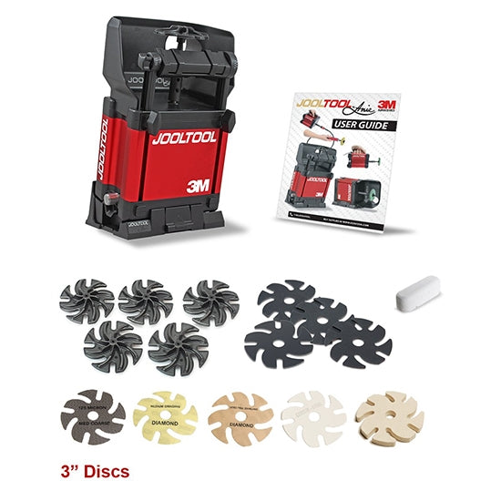 JOOLTOOL - Glass & Enamel Polishing Kit - KIT INCLUDES: – JOOLTOOL™ X System – 5x SEE-THRU™ Backpads – 4x 3M™ Bumpon™ Cushions – 1x 74-Micron Fine GRINDING DIAMOND™ Abrasive – 1x 3M Diamond Abrasive 45 Micron grade (Medium) - 1x 3M Diamond Abrasive 20 Micron grade (Very Fine) – 1x 3M™ Cerium Oxide Abrasive 100 000 grit - 1x SEE-THRU™ felt disc – 1x JOOLTOOL™ Polishing Compound – 1x JOOLTOOL Instructional Booklet (User Guide) – 1x JOOLTOOL Power Adapter and Cord Set