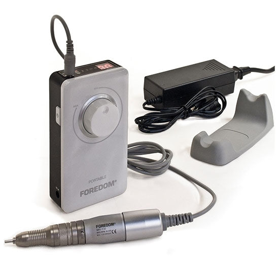 Foredom® HP4-310 Portable Rotary Micromotor- 2.35mm (3/32") - Rechargeable.Kit includes:  HP4-310 Control Box  H.MH-130 with 2.35mm (3/32") collet installed.  HP8-306 Charger/Adapter  HP4-933 Handpiece Cradle  HP8-163 Spare pair of motor brushes  Collet Changing Wrenches HP4-993 