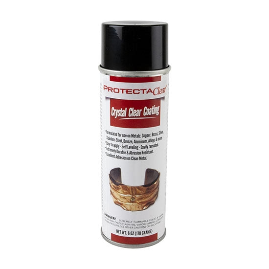 ProtectaClear - 6 oz aerosol A ProtectaClear 6 oz. net weight aerosol can is an easy way to protect metal with tough protection. Use for Jewelry or other small metals with intricate parts (Covers about 30 square feet). The ProtectaClear Aerosol has a very fine spray tip will seal and protect metal from tarnish, corrosion & oxidation and keep the metal looking freshly polished.