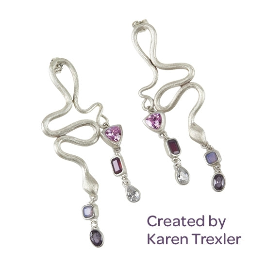 silver snake earrings with nano gems by Karen Trexler