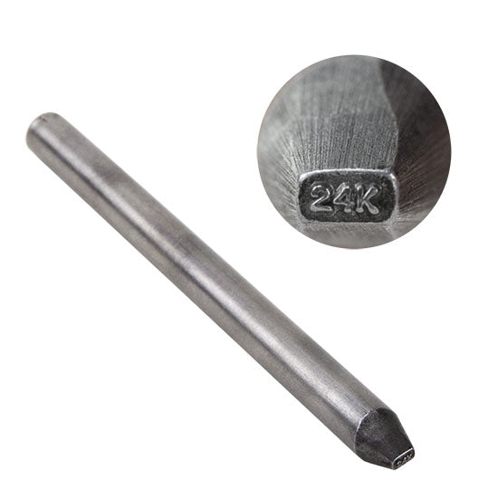 Quality Stamp - 24K - Straight 3mm  3-1/2" long 24K quality marking stamp. A "quality mark" is the little number or letters that are stamped into an article made of precious metal to indicate what metal and purity the item is made of. By law, this 24K stamp can only be used to mark an item that is made from completely of 24K gold. Do not use this stamp to mark items coated with 24K gold paints.