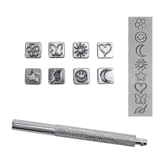 Mini Stamp Set - Funtime While designed for leather stamping, these work great for metal clay.  These stamp sets are popular and fun designs for personalizing your projects. Each set includes 8 quality stamping tool heads and 1 handle. All stamping heads are 10mm square and stamping handle is 3-1/2" long. Heads are easily interchangeable for quick changes between designs. samples in clay