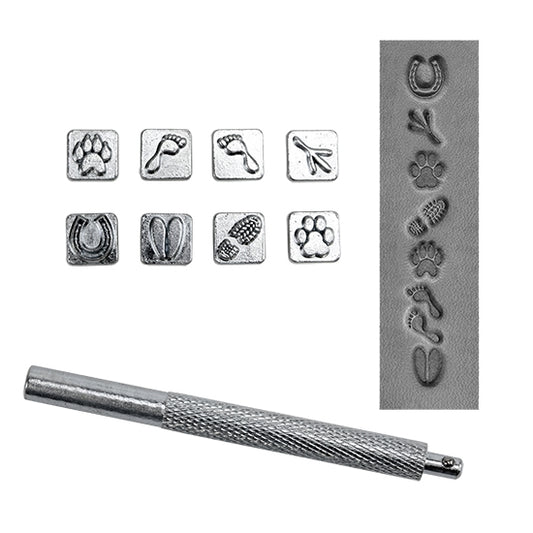 Mini Stamp Set - Tracks While designed for leather stamping, these work great for metal clay.  These stamp sets are popular and fun designs for personalizing your projects. Each set includes 8 quality stamping tool heads and 1 handle. All stamping heads are 10mm square and stamping handle is 3-1/2" long. Heads are easily interchangeable for quick changes between designs. samples in clay