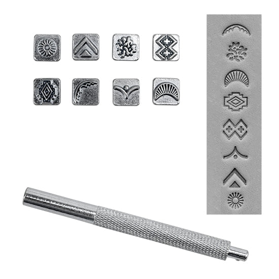 Mini Stamp Set - Discover While designed for leather stamping, these work great for metal clay.  These stamp sets are popular and fun designs for personalizing your projects. Each set includes 8 quality stamping tool heads and 1 handle. All stamping heads are 10mm square and stamping handle is 3-1/2" long. Heads are easily interchangeable for quick changes between designs.  samples in clay.