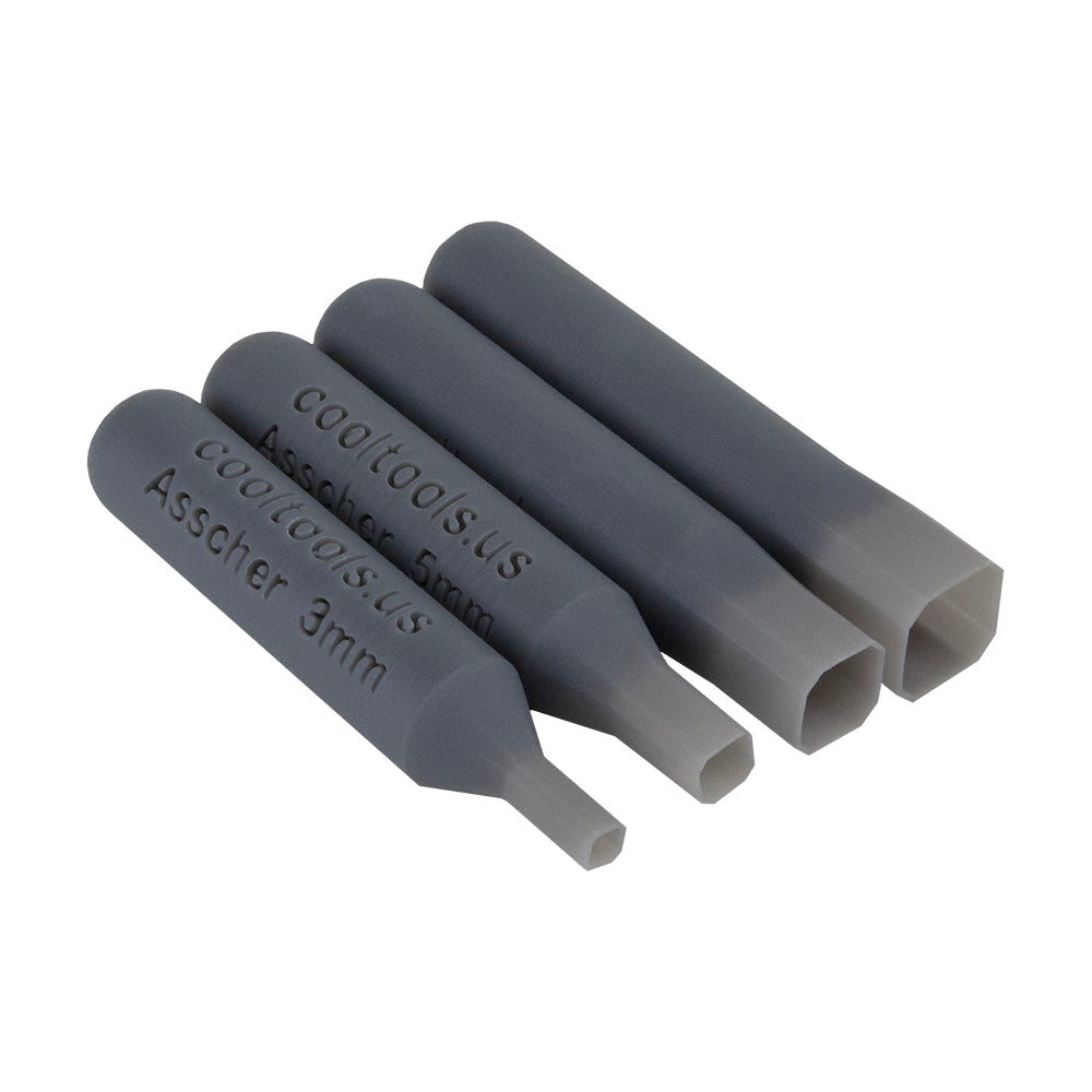 set of 4 gray plastic Stone Setting Punch - Asscher Set stones the easy way! Perfect for metal clay and polymer clay. Each Stone Setting Punch is perfectly calibrated for setting a specific sized stone in clay. Don't waste the punchings, save for a project and use as embellishments. Punch is 2-3/8" long. 