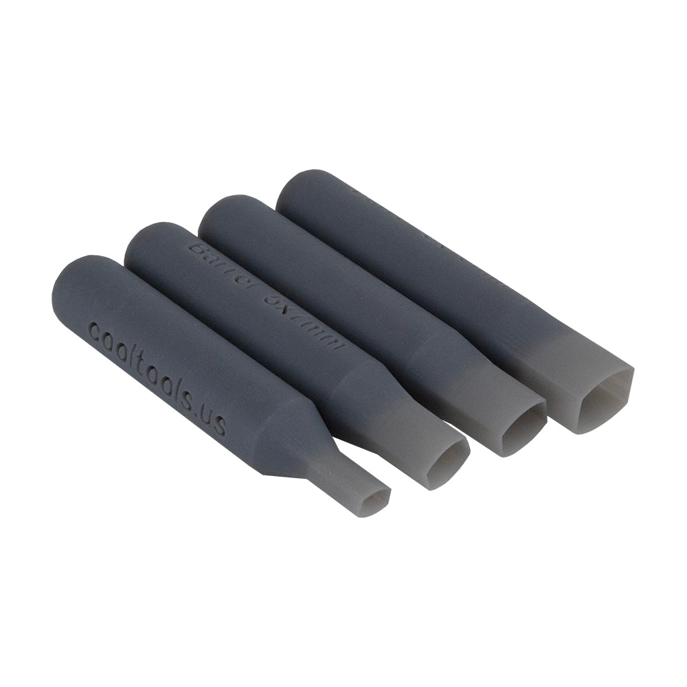 set of 4 gray plastic Stone Setting Punch - Barrel Set stones the easy way! Perfect for metal clay and polymer clay. Each Stone Setting Punch is perfectly calibrated for setting a specific sized stone in clay. Don't waste the punchings, save for a project and use as embellishments. Punch is 2-3/8" long. 