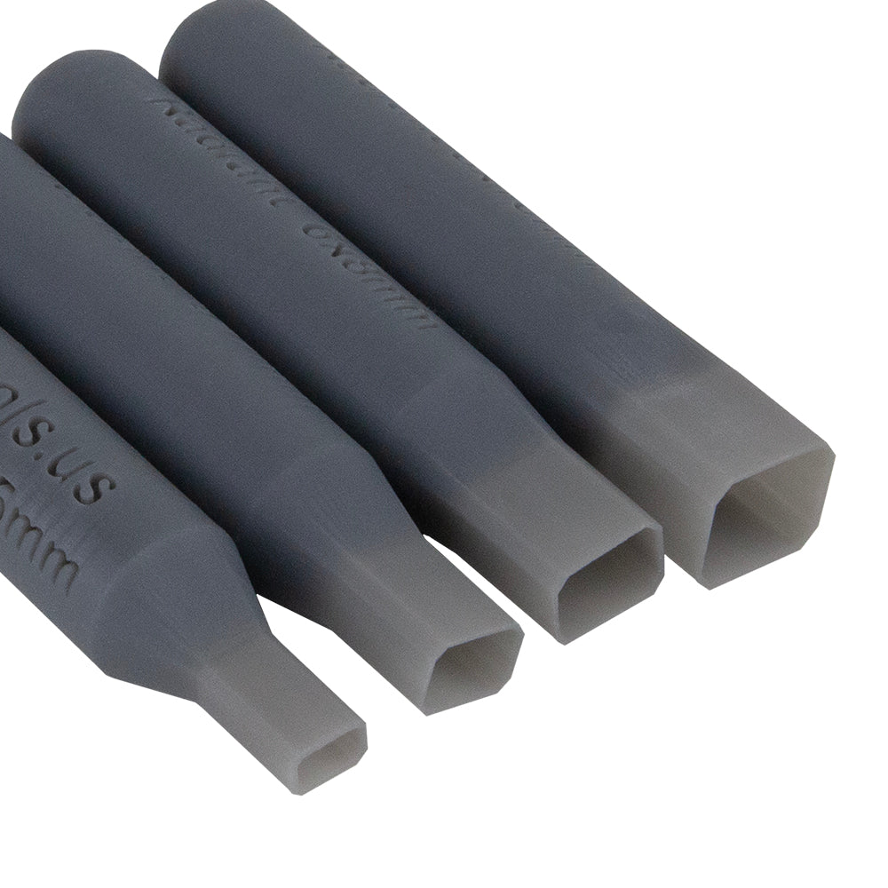 set of 4 gray plastic Stone Setting Punch - Radiant Set stones the easy way! Perfect for metal clay and polymer clay. Each Stone Setting Punch is perfectly calibrated for setting a specific sized stone in clay. Don't waste the punchings, save for a project and use as embellishments. Punch is 2-3/8" long. 