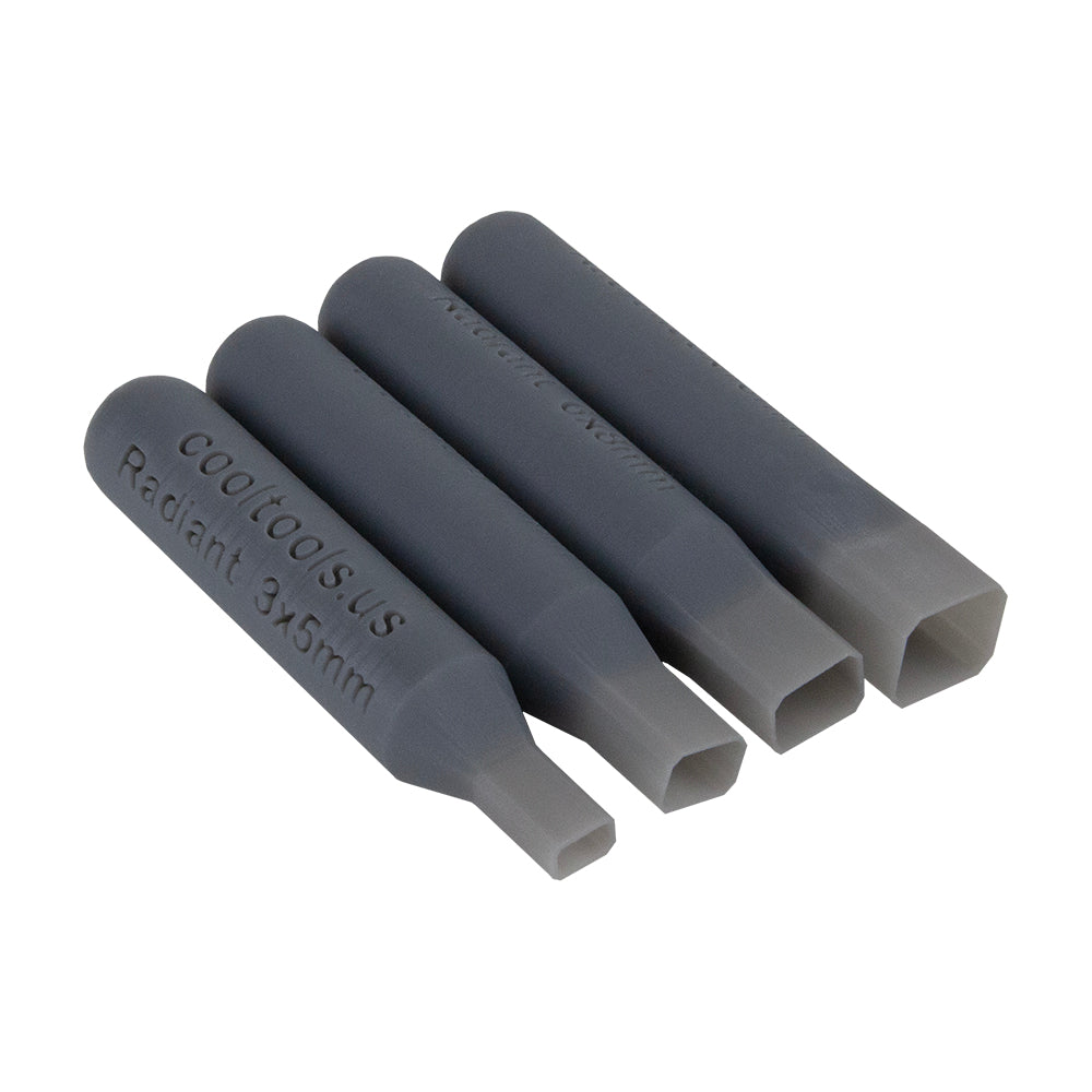 set of 4 gray plastic Stone Setting Punch - Radiant Set stones the easy way! Perfect for metal clay and polymer clay. Each Stone Setting Punch is perfectly calibrated for setting a specific sized stone in clay. Don't waste the punchings, save for a project and use as embellishments. Punch is 2-3/8" long. 