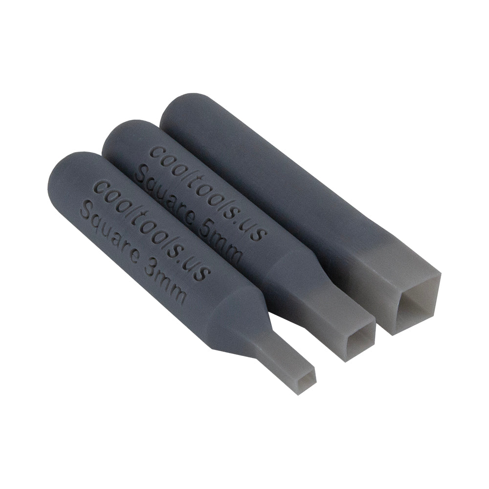 set of 3 gray plastic Stone Setting Punch - Square Set stones the easy way! Perfect for metal clay and polymer clay. Each Stone Setting Punch is perfectly calibrated for setting a specific sized stone in clay. Don't waste the punchings, save for a project and use as embellishments. Punch is 2-3/8" long. 