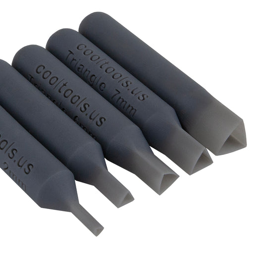 set of 5 gray plastic Stone Setting Punch - Triangle Set stones the easy way! Perfect for metal clay and polymer clay. Each Stone Setting Punch is perfectly calibrated for setting a specific sized stone in clay. Don't waste the punchings, save for a project and use as embellishments. Punch is 2-3/8" long. 