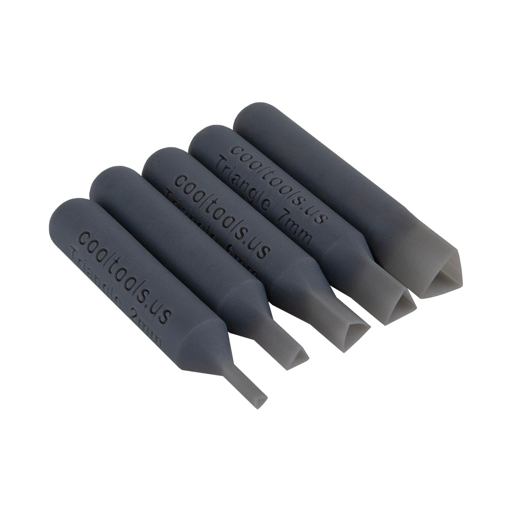 set of 5 gray plastic Stone Setting Punch - Triangle Set stones the easy way! Perfect for metal clay and polymer clay. Each Stone Setting Punch is perfectly calibrated for setting a specific sized stone in clay. Don't waste the punchings, save for a project and use as embellishments. Punch is 2-3/8" long. 