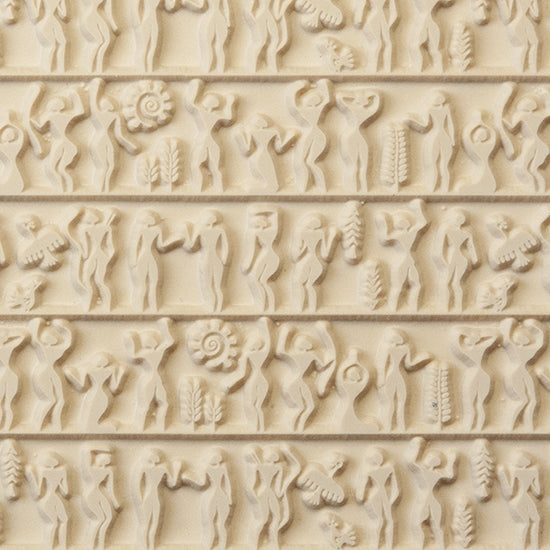 Rollable Texture Tile - Ancient People. Rollable Texture Tiles measure 4" x 5-1/2" overall and have a textured area of 2-3/8" x 4-7/8"; perfect for larger projects. Each texture has a shoulder that allows one of our Clay Thickness Rolling Frames to sit directly on the texture for rolling. Rollable Texture Tiles are flexible, washable and can be used with any soft clay. Spritz with CoolSlip or dust on Dry Powder Release for stick-free impressions when using metal clay and polymer clay.