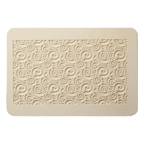 Rollable Texture Tile - Curly Spirals. Rollable Texture Tiles measure 4" x 5-1/2" overall and have a textured area of 2-3/8" x 4-7/8"; perfect for larger projects. Each texture has a shoulder that allows one of our Clay Thickness Rolling Frames to sit directly on the texture for rolling. Rollable Texture Tiles are flexible, washable and can be used with any soft clay. Spritz with CoolSlip or dust on Dry Powder Release for stick-free impressions when using metal clay and polymer clay.