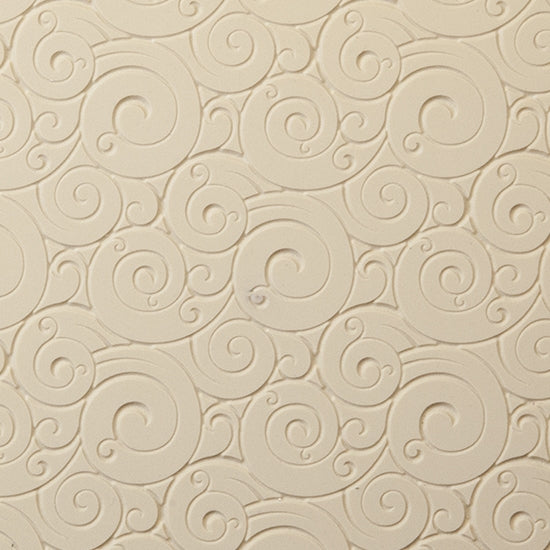 Rollable Texture Tile - Curly Spirals Fineline. Rollable Texture Tiles measure 4" x 5-1/2" overall and have a textured area of 2-3/8" x 4-7/8"; perfect for larger projects. Each texture has a shoulder that allows one of our Clay Thickness Rolling Frames to sit directly on the texture for rolling. Rollable Texture Tiles are flexible, washable and can be used with any soft clay. Spritz with CoolSlip or dust on Dry Powder Release for stick-free impressions when using metal clay and polymer clay.