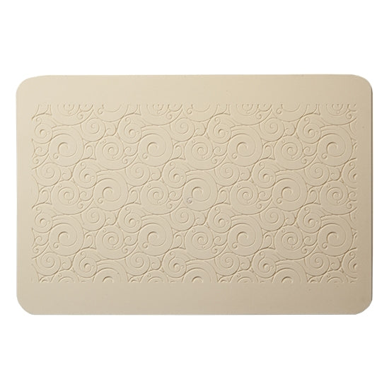 Rollable Texture Tile - Curly Spirals Fineline. Rollable Texture Tiles measure 4" x 5-1/2" overall and have a textured area of 2-3/8" x 4-7/8"; perfect for larger projects. Each texture has a shoulder that allows one of our Clay Thickness Rolling Frames to sit directly on the texture for rolling. Rollable Texture Tiles are flexible, washable and can be used with any soft clay. Spritz with CoolSlip or dust on Dry Powder Release for stick-free impressions when using metal clay and polymer clay.