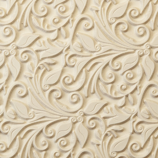 Rollable Texture Tile - Leaves and Tendrils. Rollable Texture Tiles measure 4" x 5-1/2" overall and have a textured area of 2-3/8" x 4-7/8"; perfect for larger projects. Each texture has a shoulder that allows one of our Clay Thickness Rolling Frames to sit directly on the texture for rolling. Rollable Texture Tiles are flexible, washable and can be used with any soft clay. Spritz with CoolSlip or dust on Dry Powder Release for stick-free impressions when using metal clay and polymer clay.