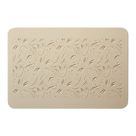 Rollable Texture Tile - Leaves and Tendrils Fineline. Rollable Texture Tiles measure 4" x 5-1/2" overall and have a textured area of 2-3/8" x 4-7/8"; perfect for larger projects. Each texture has a shoulder that allows one of our Clay Thickness Rolling Frames to sit directly on the texture for rolling. Rollable Texture Tiles are flexible, washable and can be used with any soft clay. Spritz with CoolSlip or dust on Dry Powder Release for stick-free impressions when using metal clay and polymer clay.