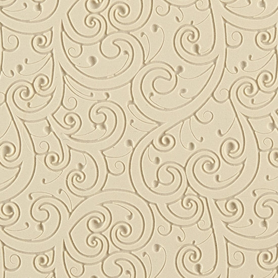 Rollable Texture Tile - Curly Vines Fineline. Rollable Texture Tiles measure 4" x 5-1/2" overall and have a textured area of 2-3/8" x 4-7/8"; perfect for larger projects. Each texture has a shoulder that allows one of our Clay Thickness Rolling Frames to sit directly on the texture for rolling. Rollable Texture Tiles are flexible, washable and can be used with any soft clay. Spritz with CoolSlip or dust on Dry Powder Release for stick-free impressions when using metal clay and polymer clay.