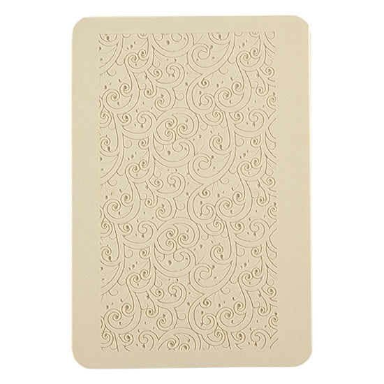 Rollable Texture Tile - Curly Vines Fineline. Rollable Texture Tiles measure 4" x 5-1/2" overall and have a textured area of 2-3/8" x 4-7/8"; perfect for larger projects. Each texture has a shoulder that allows one of our Clay Thickness Rolling Frames to sit directly on the texture for rolling. Rollable Texture Tiles are flexible, washable and can be used with any soft clay. Spritz with CoolSlip or dust on Dry Powder Release for stick-free impressions when using metal clay and polymer clay.