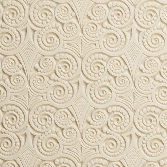 Rollable Texture Tile - Nouveau Mucha. Rollable Texture Tiles measure 4" x 5-1/2" overall and have a textured area of 2-3/8" x 4-7/8"; perfect for larger projects. Each texture has a shoulder that allows one of our Clay Thickness Rolling Frames to sit directly on the texture for rolling. Rollable Texture Tiles are flexible, washable and can be used with any soft clay. Spritz with CoolSlip or dust on Dry Powder Release for stick-free impressions when using metal clay and polymer clay.