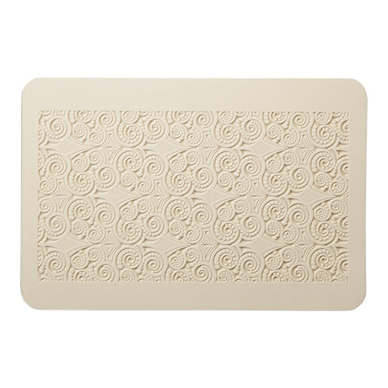 Rollable Texture Tile - Nouveau Mucha. Rollable Texture Tiles measure 4" x 5-1/2" overall and have a textured area of 2-3/8" x 4-7/8"; perfect for larger projects. Each texture has a shoulder that allows one of our Clay Thickness Rolling Frames to sit directly on the texture for rolling. Rollable Texture Tiles are flexible, washable and can be used with any soft clay. Spritz with CoolSlip or dust on Dry Powder Release for stick-free impressions when using metal clay and polymer clay.