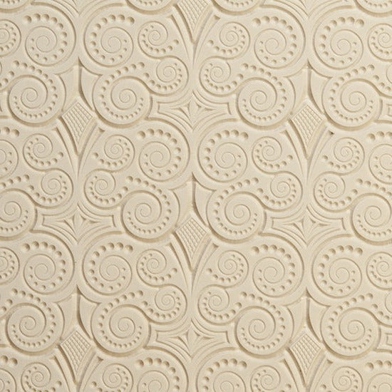 Rollable Texture Tile - Nouveau Mucha Embossed. Rollable Texture Tiles measure 4" x 5-1/2" overall and have a textured area of 2-3/8" x 4-7/8"; perfect for larger projects. Each texture has a shoulder that allows one of our Clay Thickness Rolling Frames to sit directly on the texture for rolling. Rollable Texture Tiles are flexible, washable and can be used with any soft clay. Spritz with CoolSlip or dust on Dry Powder Release for stick-free impressions when using metal clay and polymer clay.