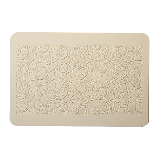 Rollable Texture Tile - Nouveau Mucha Embossed. Rollable Texture Tiles measure 4" x 5-1/2" overall and have a textured area of 2-3/8" x 4-7/8"; perfect for larger projects. Each texture has a shoulder that allows one of our Clay Thickness Rolling Frames to sit directly on the texture for rolling. Rollable Texture Tiles are flexible, washable and can be used with any soft clay. Spritz with CoolSlip or dust on Dry Powder Release for stick-free impressions when using metal clay and polymer clay.